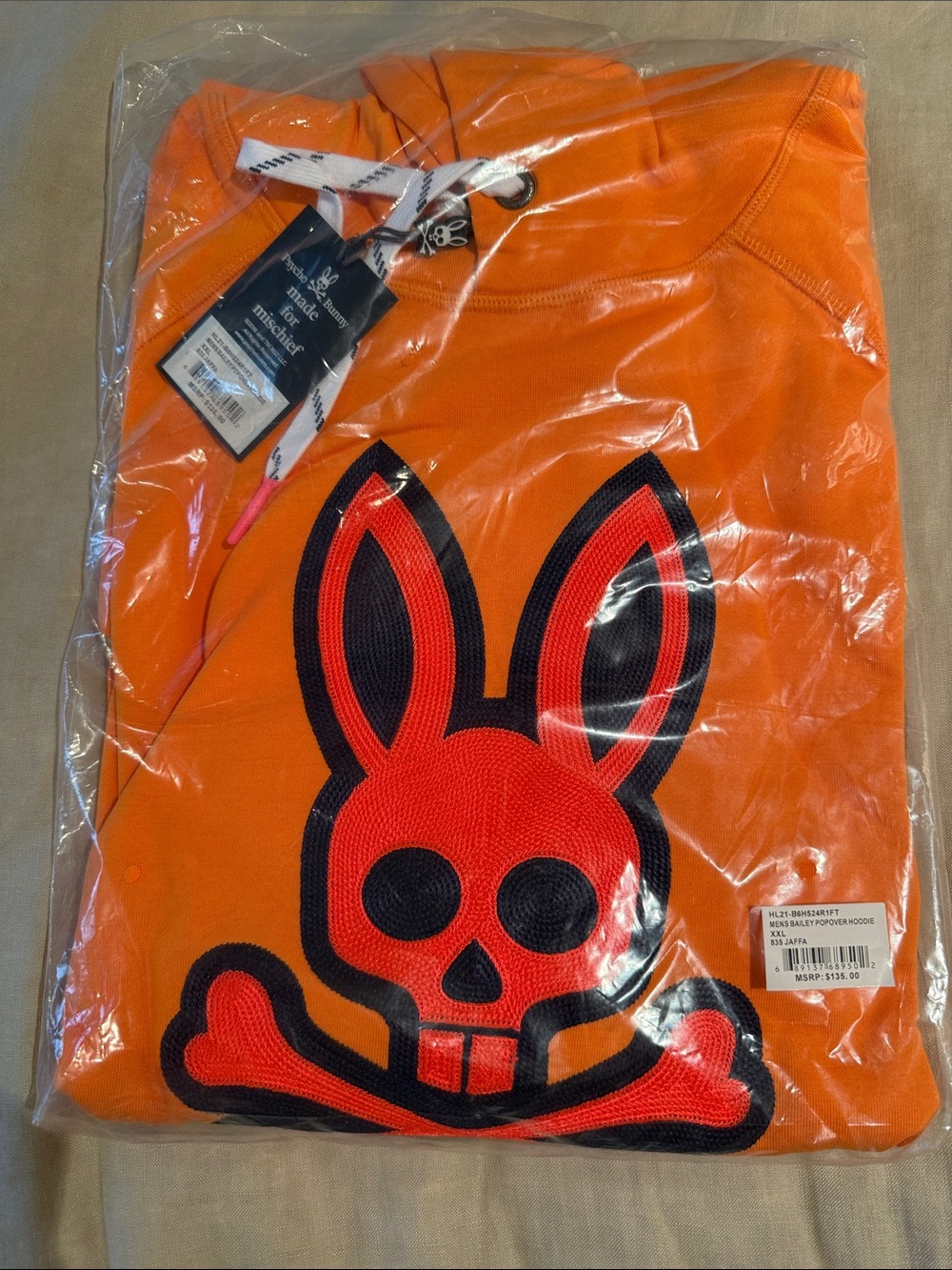 NWT Psycho Bunny Orange Crewneck Sweatshirt with Red & Black Bunny Skull Graphic